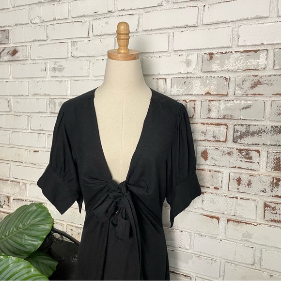 Free People Vintage Summer Plunge Neckline Tie Black Button Front Maxi Dress - Picture 3 of 13